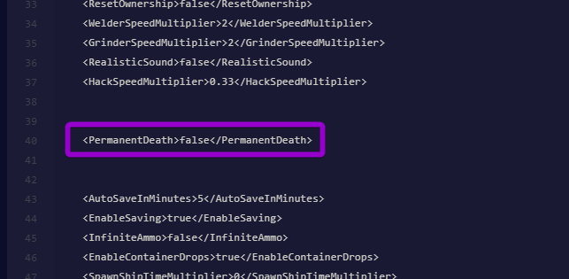 The PermanentDeath setting highlighted in the Sandbox_config.sbc file