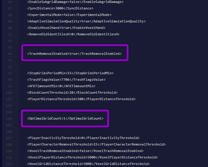 The TrashRemovalEnabled and OptimalGridCount settings highlighted within the Sandbox_config.sbc file.