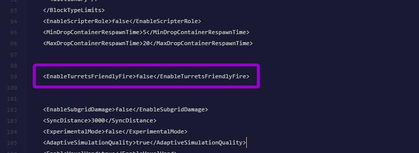 The EnableTurretsFriendlyFire setting highlighted in the Sandbox_config.sbc file