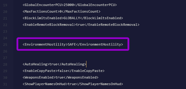 The EnvironmentHostility setting set to SAFE in the Sandbox_config.sbc file.