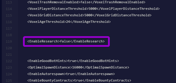 The EnableResearch setting highlighted in the Sandbox_config file, showing a value of false