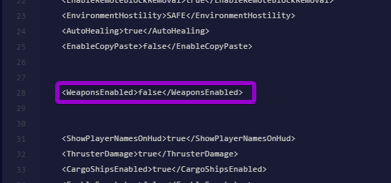 The WeaponsEnabled setting set to false in the Sandbox_config.sbc file.