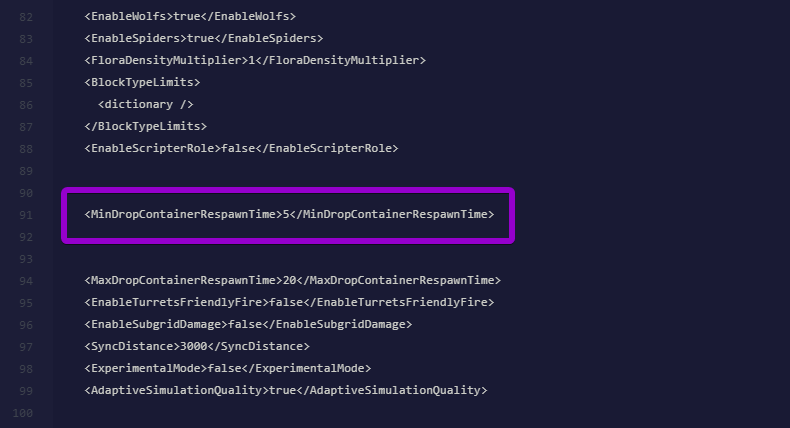 Highlighting the MinDropContainerRespawnTime and MaxDropContainerRespawnTime XML variables inside the Space Engineers configuration file