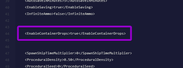 Locating the EnableContainerDrops setting in the SpaceEngineers-Dedicated.cfg file