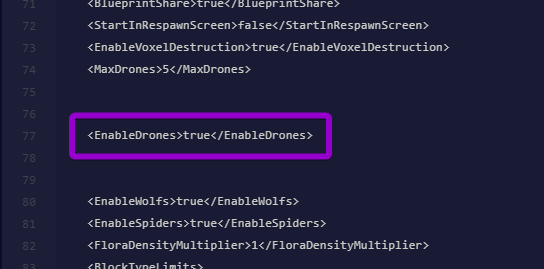 Locating the EnableDrones setting in the SpaceEngineers-Dedicated.cfg file