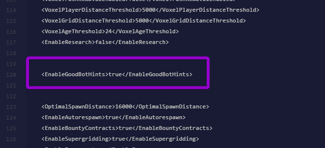 Manually adding the EnableGoodBotHints XML variable to the Space Engineers configuration file