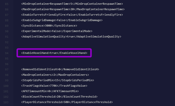 Highlighting the EnableVoxelHand XML variable inside the Space Engineers configuration file