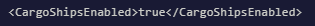The CargoShipsEnabled  settings highlighted in the Sandbox_config.sbc file.
