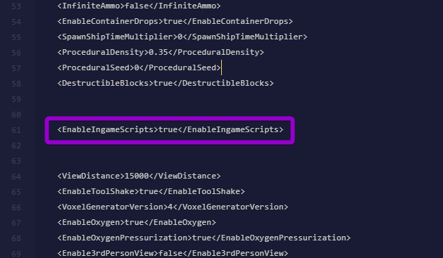 The EnableIngameScripts setting highlighted in the Sandbox_config.sbc file.