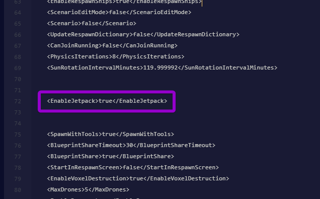 The EnableJetpack setting highlighted in the Sandbox_config.sbc file.