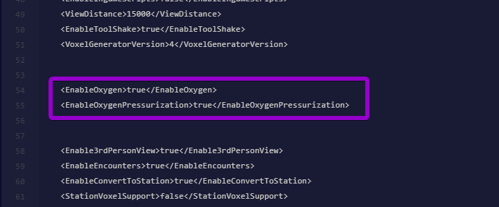 The EnableOxygen and EnableOxygenPressurization settings highlighted in the Sandbox_config.sbc file.