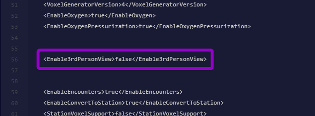 The Enable3rdPersonView setting set to false highlighted in the Sandbox_config.sbc file.