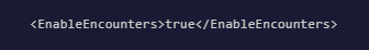 The EnableEncounters settings highlighted in the Sandbox_config.sbc file.