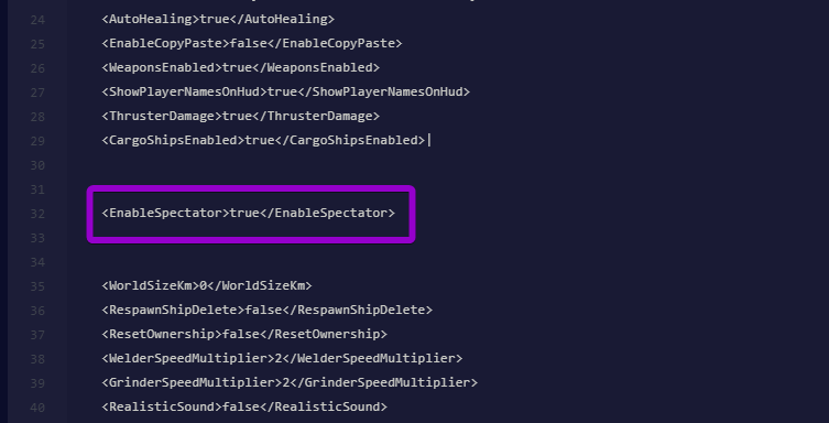 The EnableSpectator setting highlighted in the Sandbox_config.sbc file
