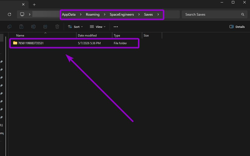 A Windows Explorer window showing the Saves directory path with the unique Steam ID number folder highlighted.