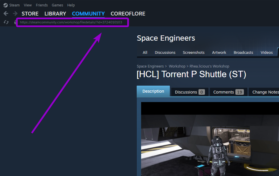 rrow pointing to the URL bar on a Space Engineers Steam Workshop page