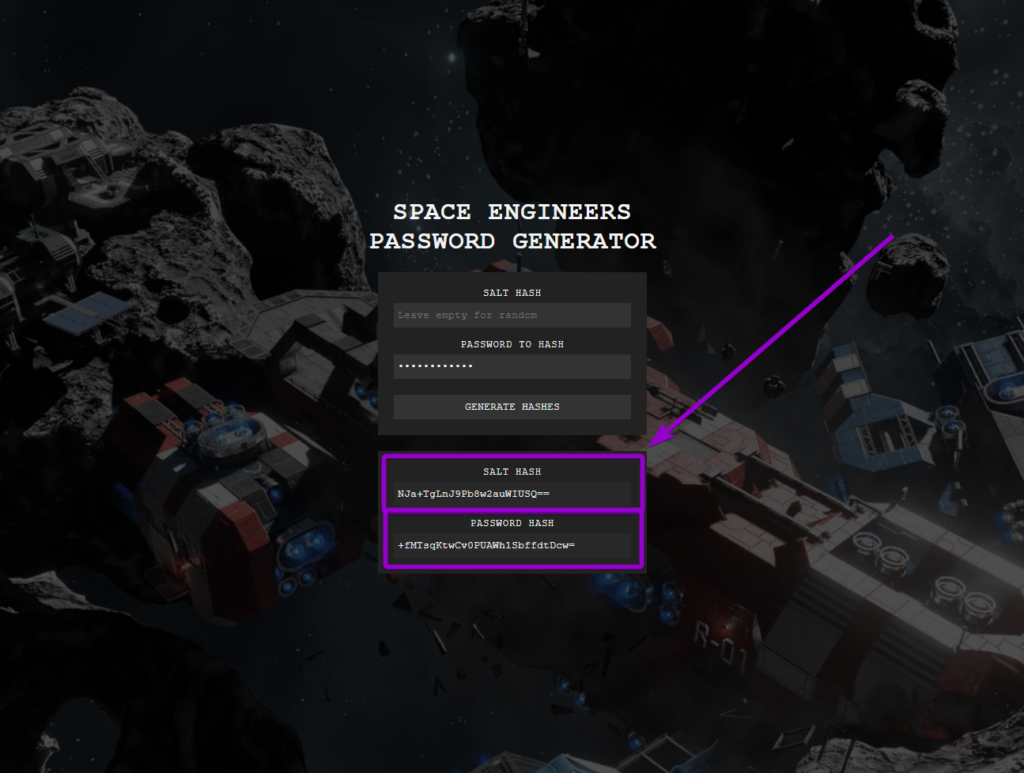 An arrow pointing to the generated hashes on the password generator website.