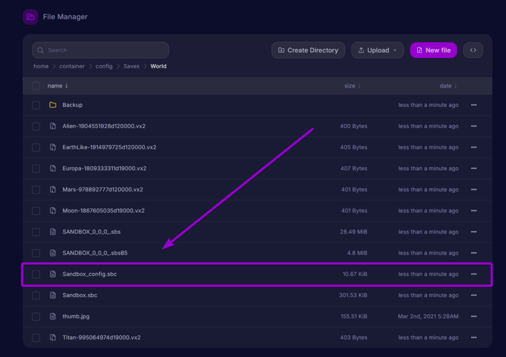 The Sandbox_config.sbc file highlighted in the world folder.