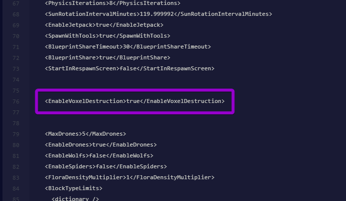 The EnableVoxelDestruction setting highlighted within the Sandbox_config.sbc file.