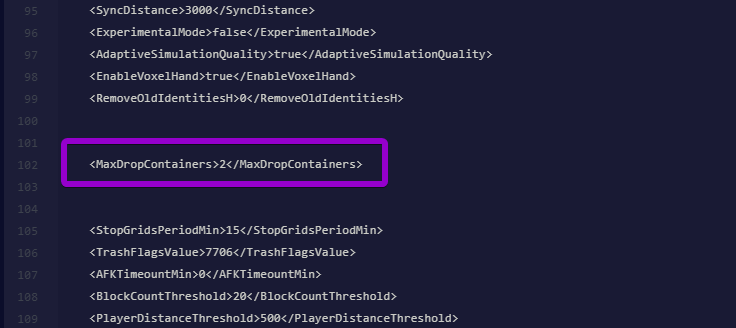 Highlighting the MaxDropContainers XML variable manually added to the Space Engineers configuration file