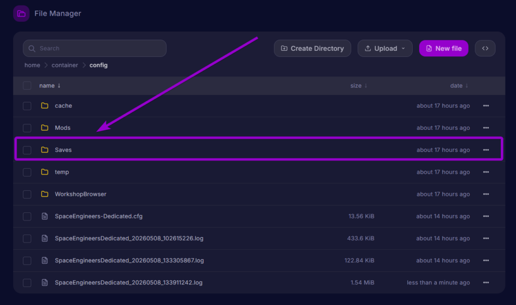 The Saves folder highlighted in the server file manager.