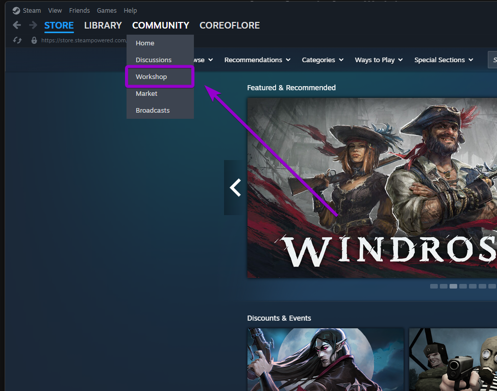 The Steam client top menu with the Community tab dropdown open, highlighting the Workshop option