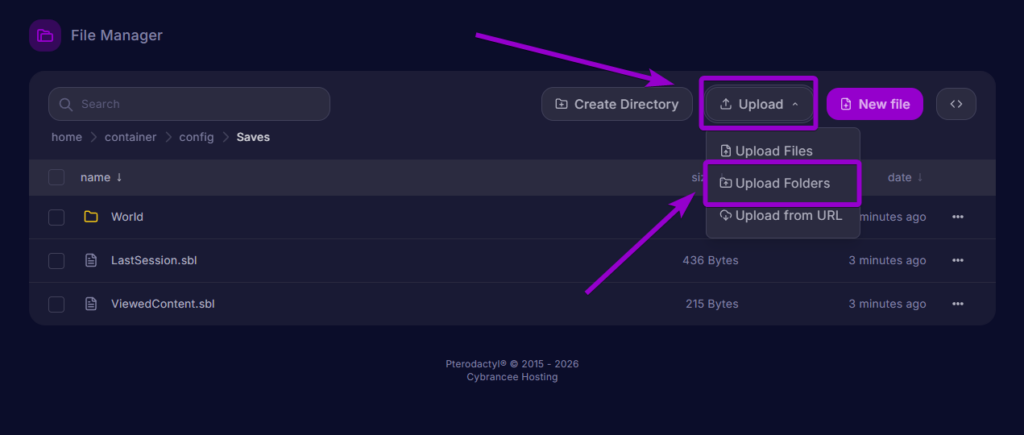 File Manager with the Upload menu expanded and the "Upload Folders" option highlighted