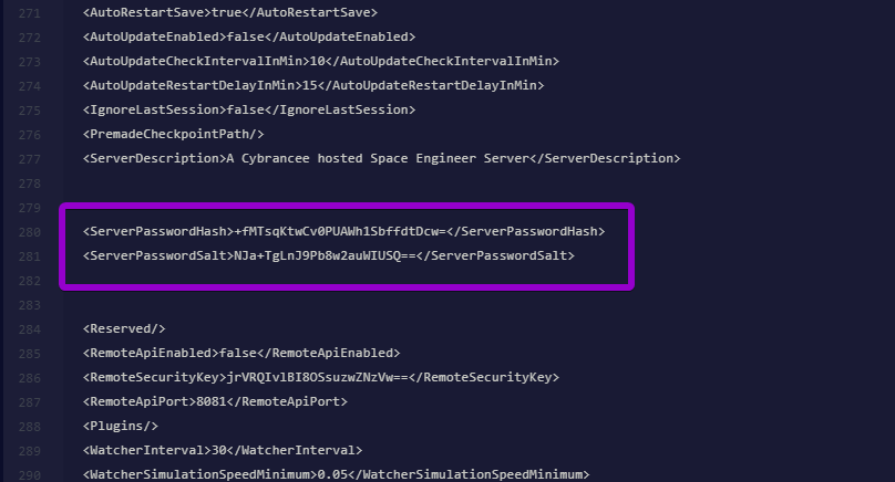 The password hash and salt tags added to the config file.