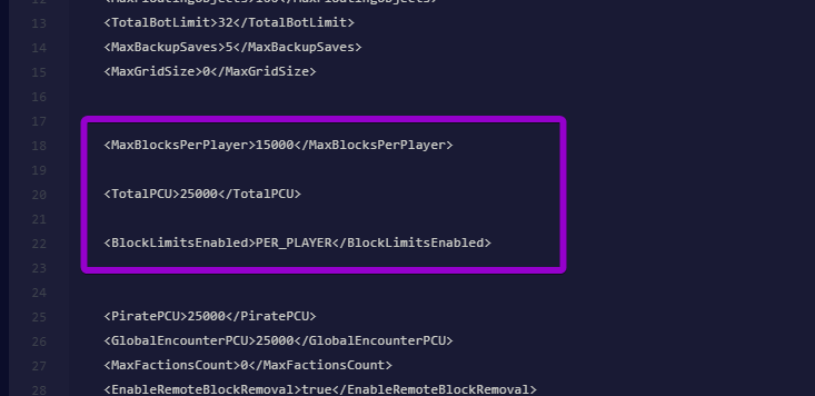 Highlighting the MaxBlocksPerPlayer, TotalPCU, and BlockLimitsEnabled variables inside the Space Engineers configuration file