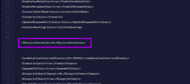 Highlighting the PhysicsIterations XML variable set to 8 inside the Space Engineers configuration file