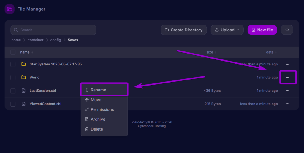 The panel file manager showing the original "World" folder with the three-dot menu and "Rename" option selected.