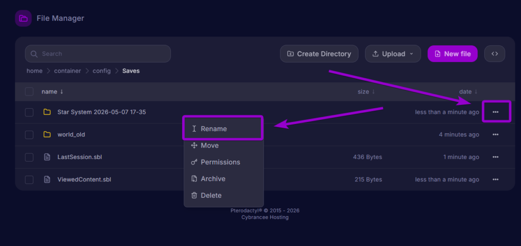 The panel file manager showing the newly uploaded "Star System" folder with the "Rename" option highlighted.
