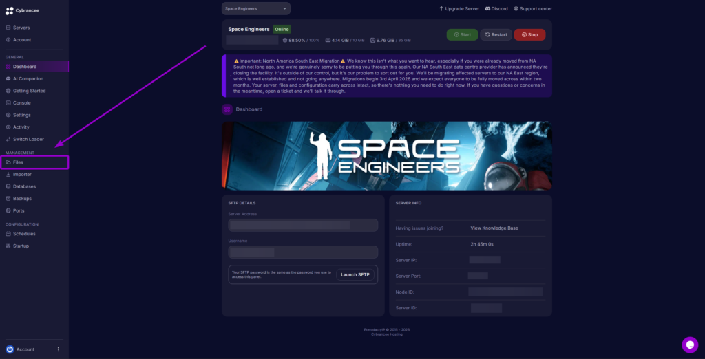 The Cybrancee panel dashboard with an arrow pointing to the Files tab.