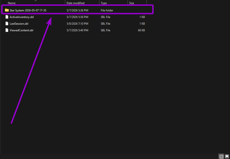 Inside the Steam ID folder, highlighting the "Star System" world folder and its associated .sbl files.