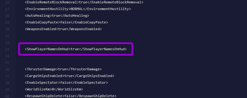 Highlighting the ShowPlayerNamesOnHud XML variable inside the Space Engineers configuration file