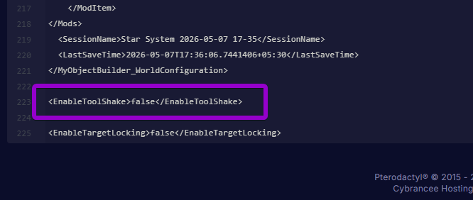 EnableToolShake tag in the Sandbox_config file