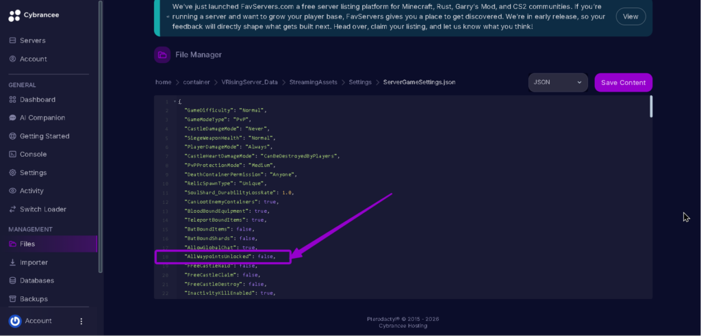 Vrising AllWaypointsUnlocked in Files Tab highlighted with arrow
