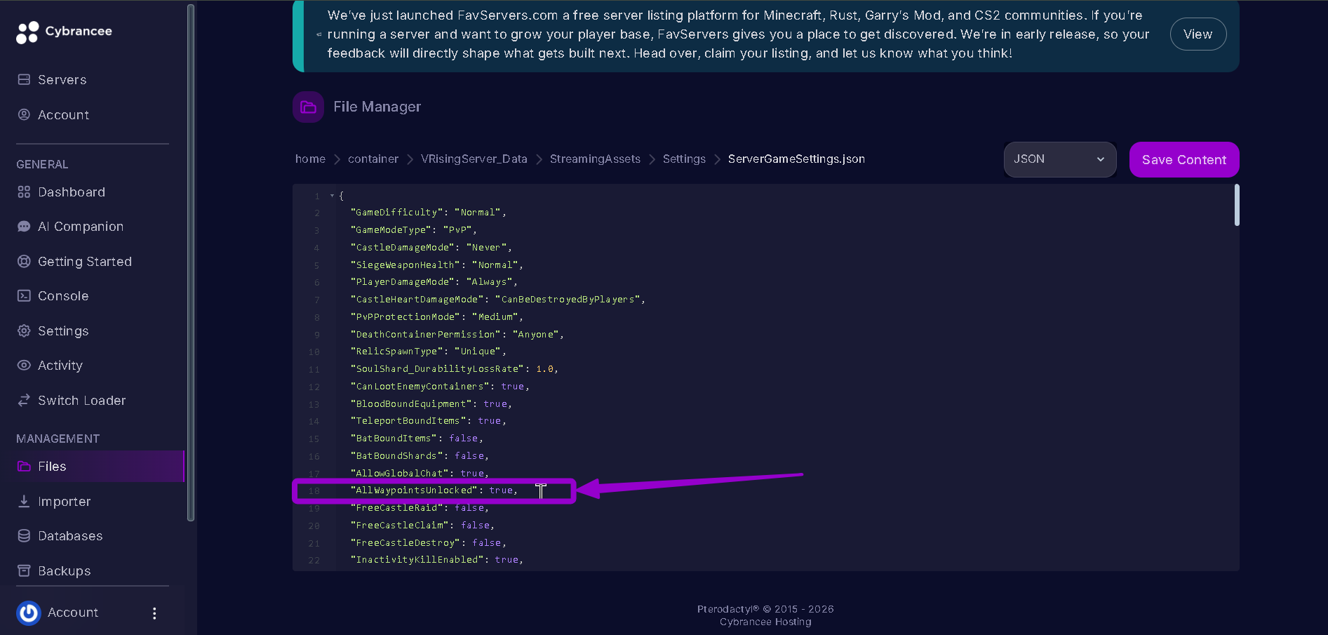 Vrising AllWaypointsUnlocked true in Files Tab highlighted with arrow