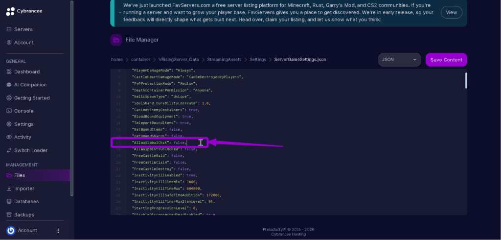 Vrising Allowglobalchat false highlighted with arrow