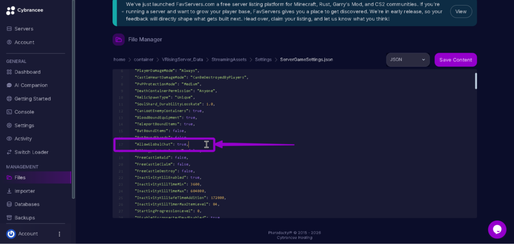 Vrising Allowglobalchat true highlighted with arrow