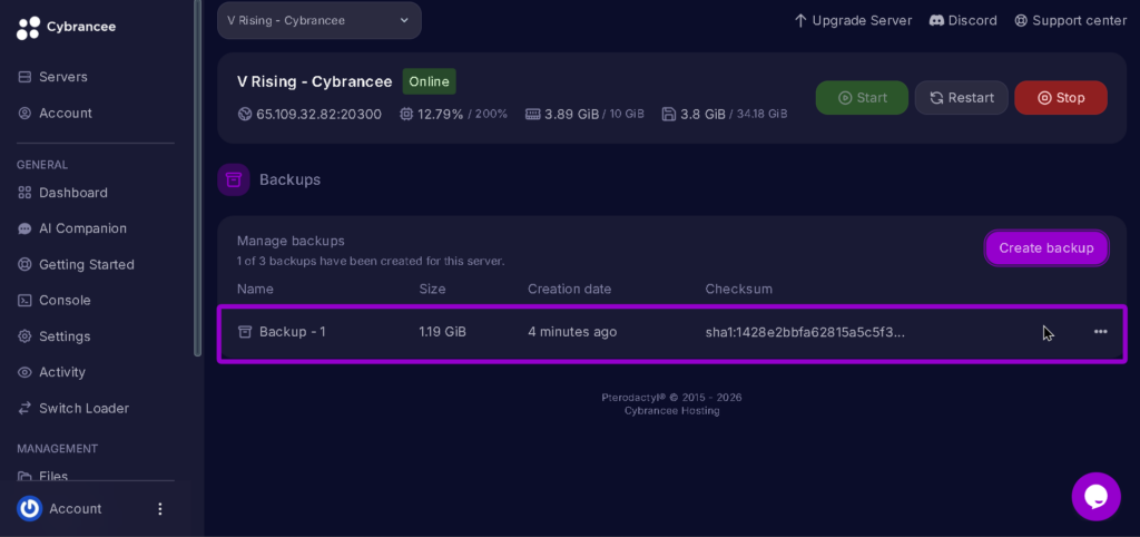 Vrising previously Created backup highlighted with arrow