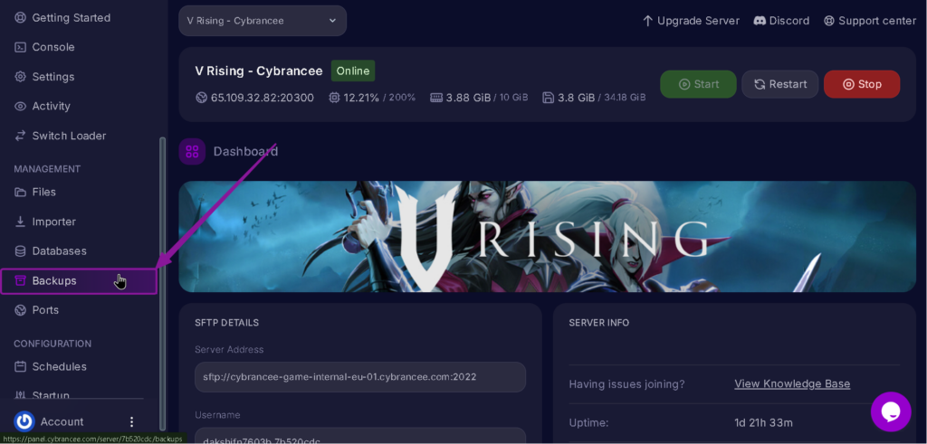Vrising Backup tab highlighted with arrow