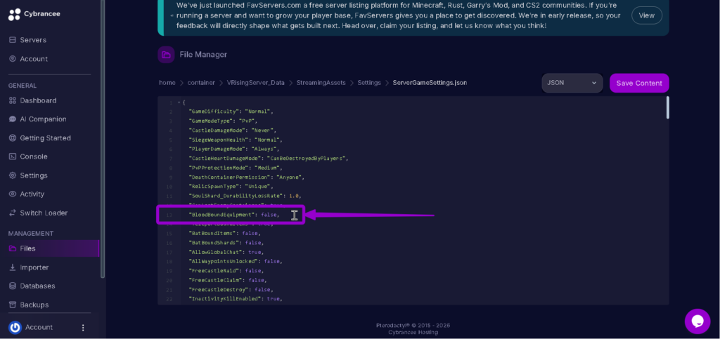 Vrising BloodBoundEquipment false highlighted with arrow