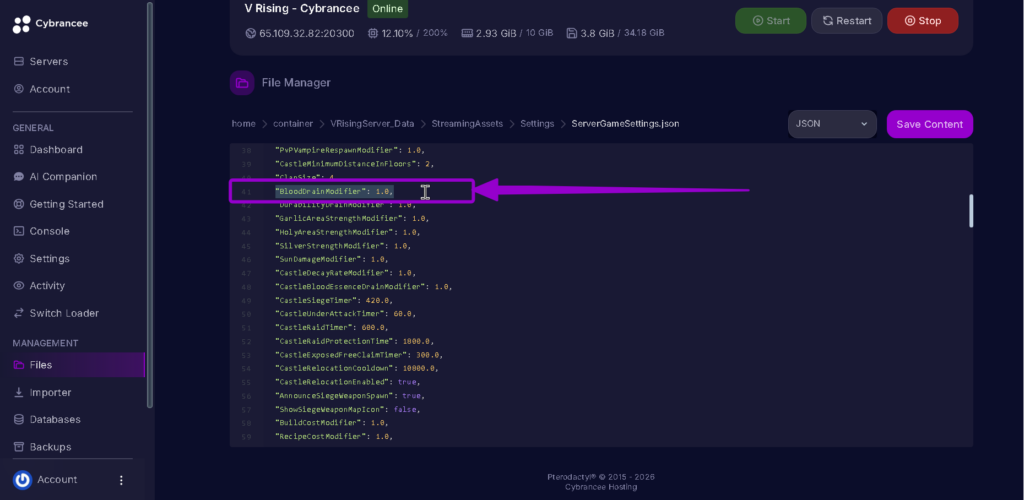 Vrising BloodDrainModifier default highlighted with arrow