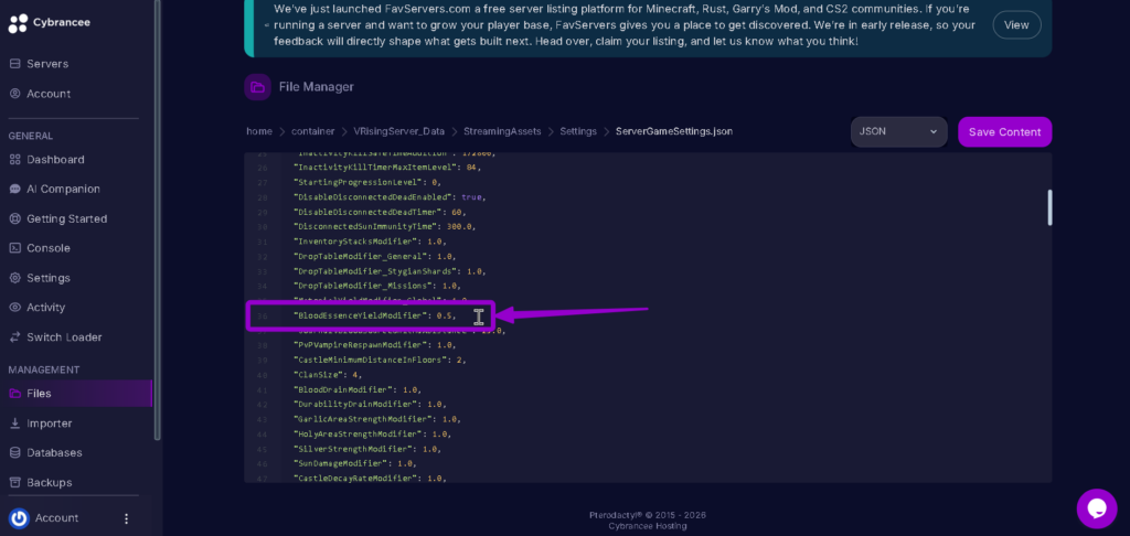 Vrising BloodEssenceYieldModifier 0.5 highlighted with arrow