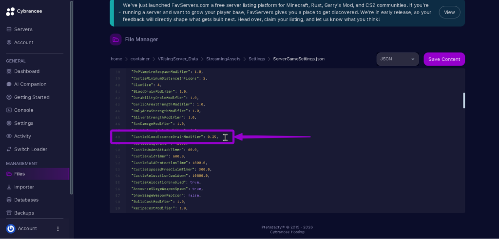 Vrising CastleBloodEssenceDrainModifier .25 highlighted with arrow
