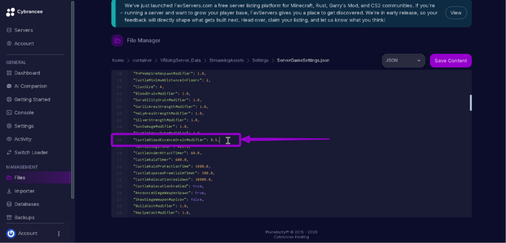 Vrising CastleBloodEssenceDrainModifier .5 highlighted with arrow
