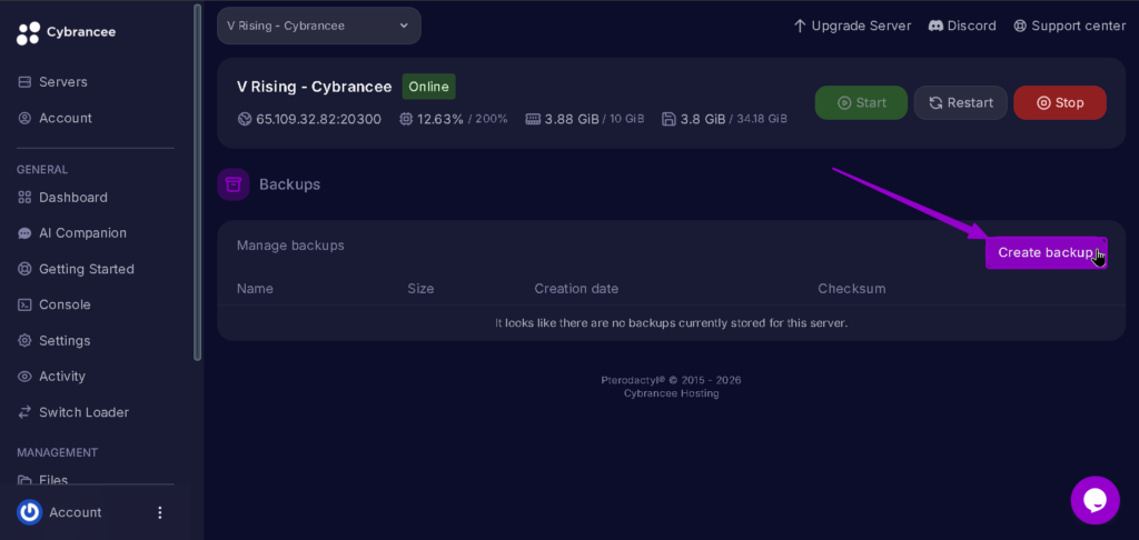Vrising Create Backup option with arrow
