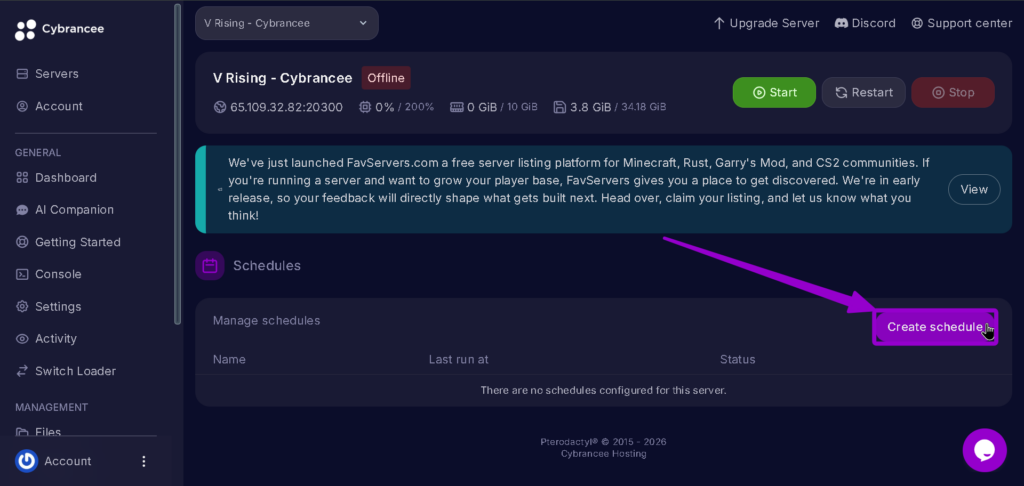Vrising Create Schedule highlighted with arrow
