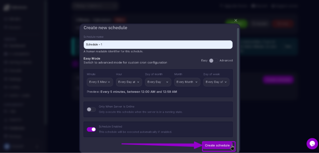 Vrising Create Schedule configuration complete highlighted with arrow
